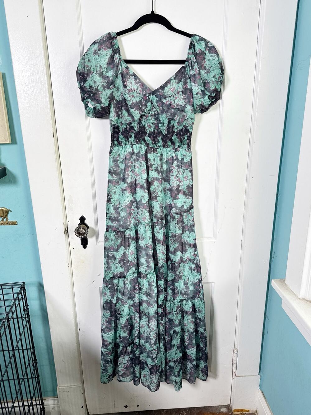 Romantic Floral Print Puff Bubble Sleeve Maxi Dress Coquette Fairy Feminine L
